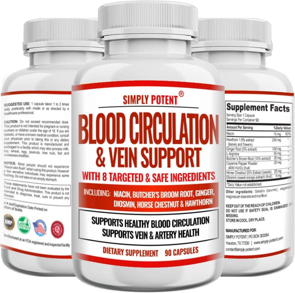 Blood Circulation & Vein Support, 90 Caps, Hjælper med Spider og Varicose Veins, Understøtter skibe, Ben og Kardiovaskulær Sundhed med Niacin, Ginger, Cayenne Pepper