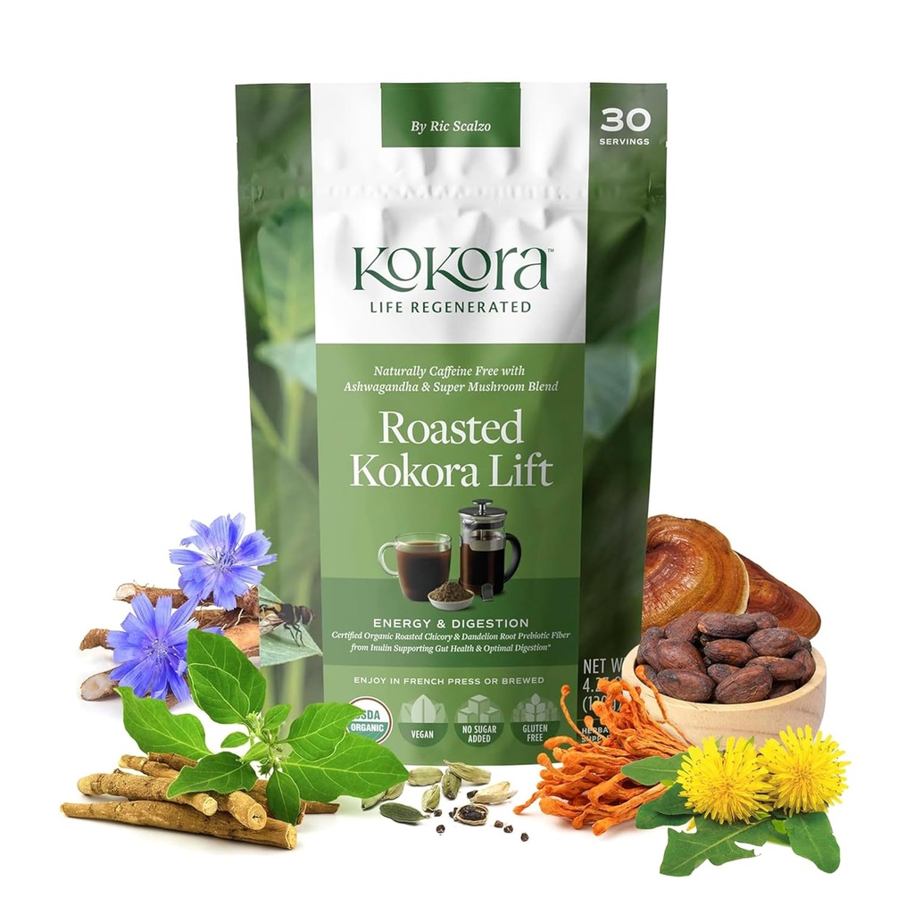 kokora - Roasted Kokora Lift - Dandelion, Chicory, Ashwagandha Root Powder with Super Mushrooms - Energizes & Promotes Healthy Digestion - Vegan, Gluten Free, No Added Sugar - 30 Servings - 120g