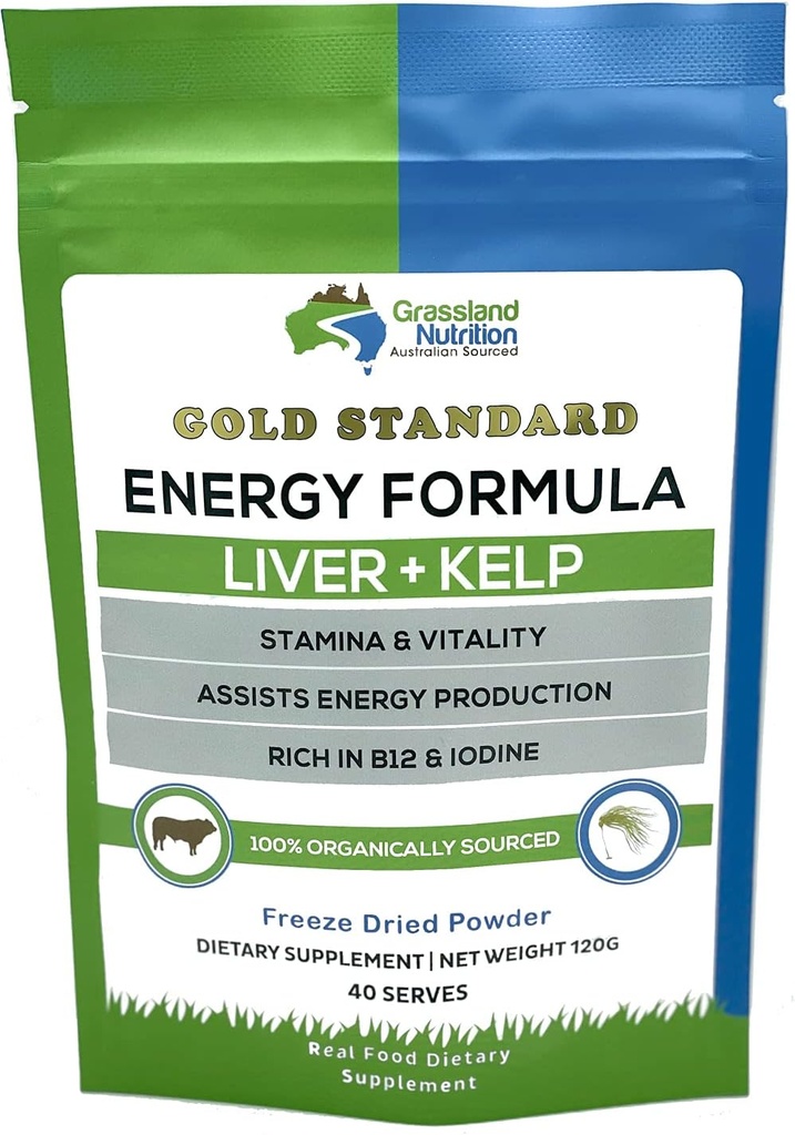 Græs Fed Oksekød Lever med Wild Harfted Kelp Energy Formel - Natural B12, jod, jern & vitamin A (120G pulver)