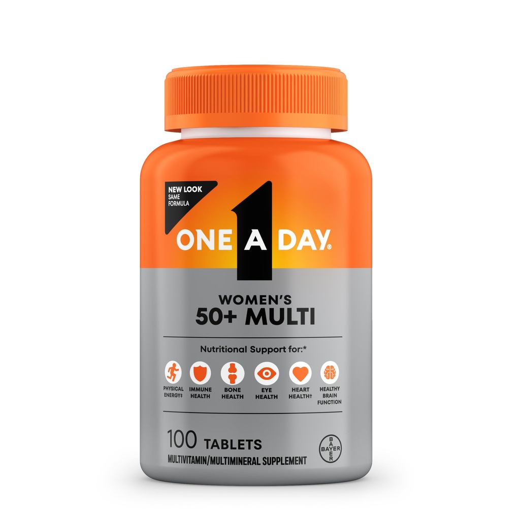 One A Day Multivitamin for Women 50 and Over Tablets, Womens Multivitamin 50 plus med Vitaminer D, C, E, Zink & Biotin, Daglige Vitaminer for Woman 50 +, 100 Ct