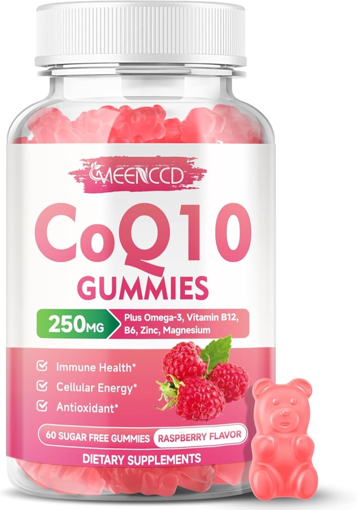 Sukkerfri CoQ10 Gummies 250 mg, Coenzym Q10 Kosttilskud Plus Omega-3, Vitamin B6 & Zink, Høj Absorption CoQ10 Supplement til Cellular Energy & Antioxidant Support, Raspberry Flavor, Vegan 60Cts