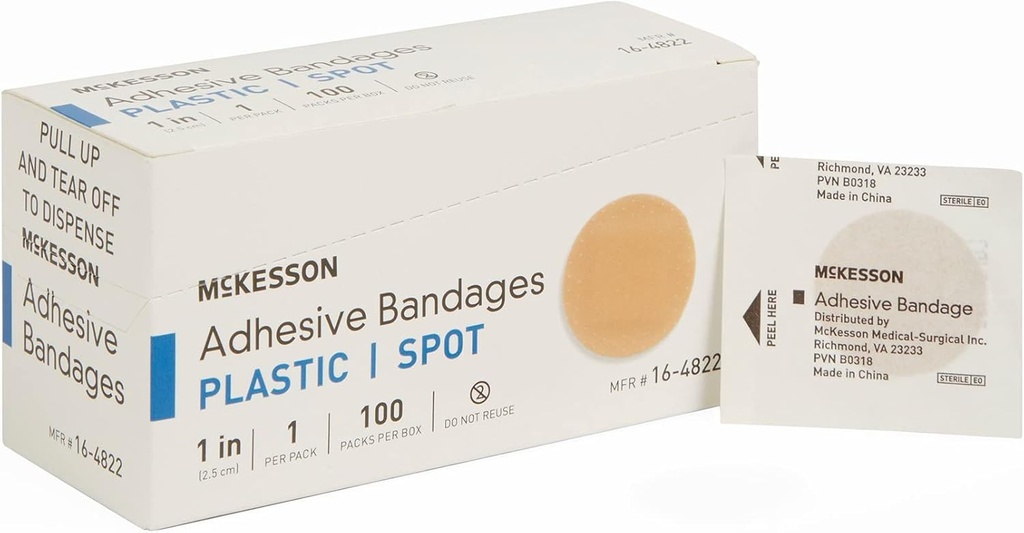 McKesson Adhesive Bandages, Steril, Plastic Spot, 1 in, 100 Greve, 24 Packs, 2400 Total
