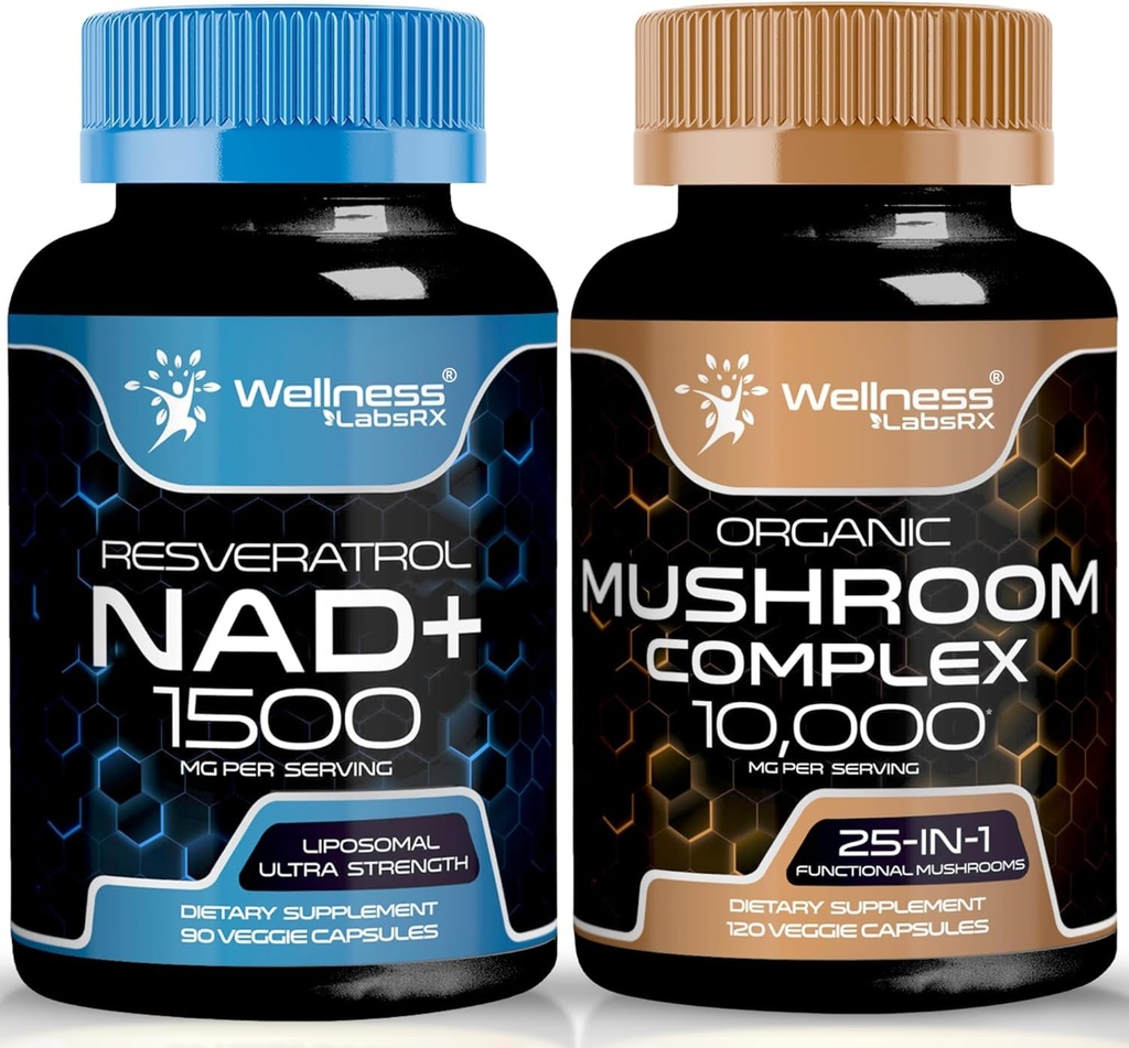 WELLENess LASSRX NAD Supplement, 1500mg - Liposomal NAD + Supplement til Resveratrol 1 125; Organic Mushroom Supplement Kapsler - 10000mg - 25 i 1 Mushroom Complex Kapsler