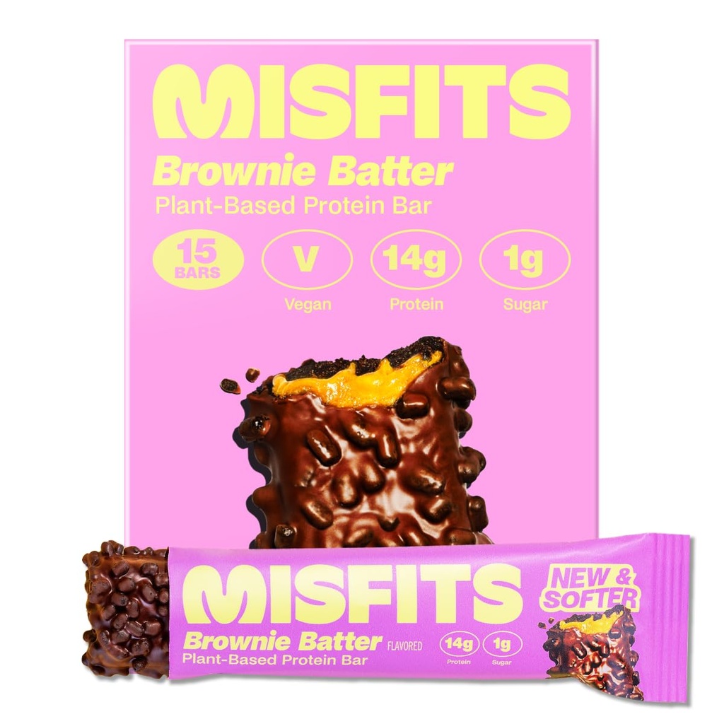 Misfits Vegan Protein Bars, Brownie Batter - Opdateret Opskrift Note 124; Plant baseret, Lavsukker & Carb, High Fiber Snacks