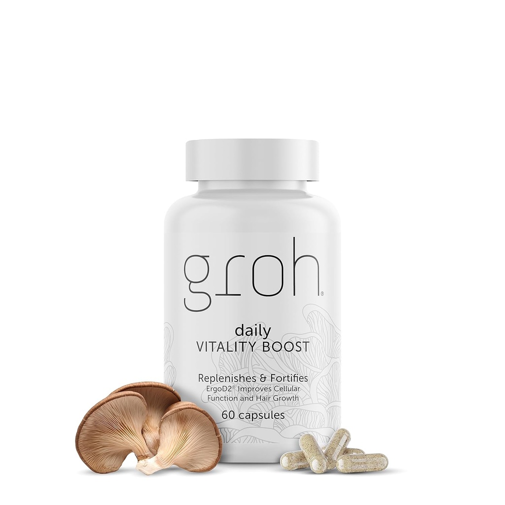 Groh Daily Vitality Boost - All Natural Hair Growth Supplement drevet af ErgoD2 - Rig i antioxidanter - Vitaminer for stærkere hår, hud & Nail- Bedste valg for at tænke hår - 60 Greve
