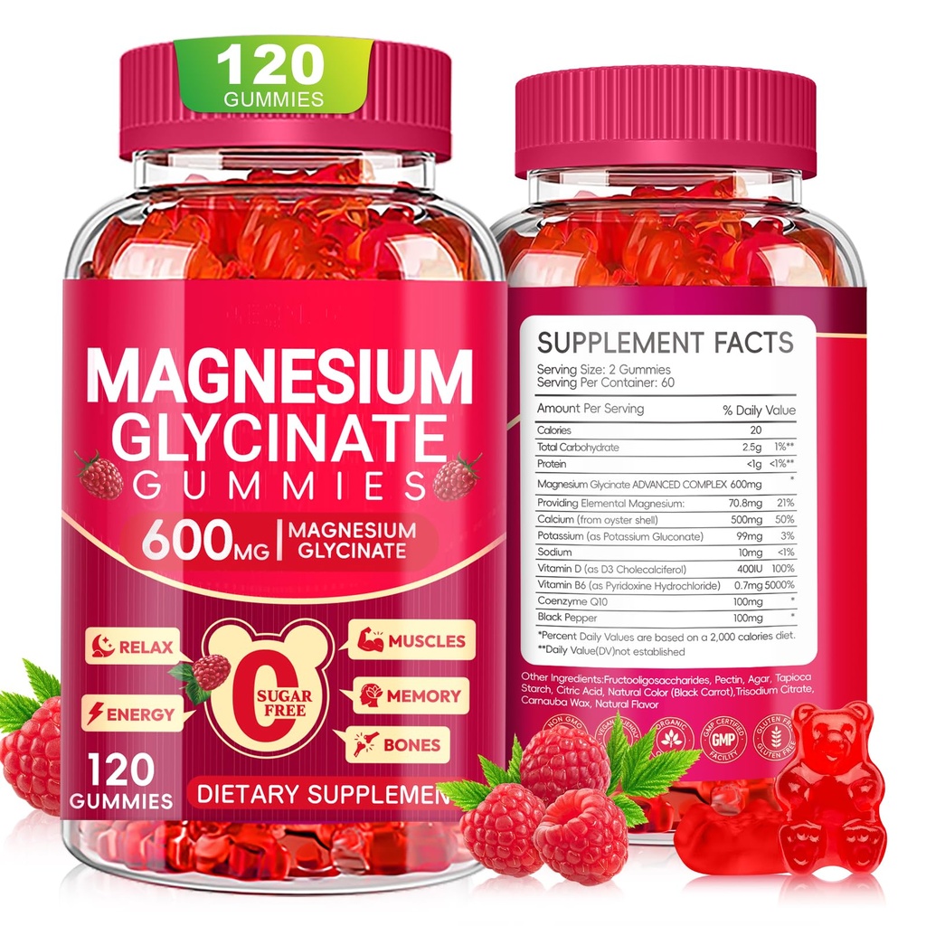 Magnesium Glycinat Gummies 600 mg, sukkerfri Magnesium Gummies for voksne, tyggetabletter Kaliumtilskud til kropsstøtte, Zzz og afslapning, 120 Tæl