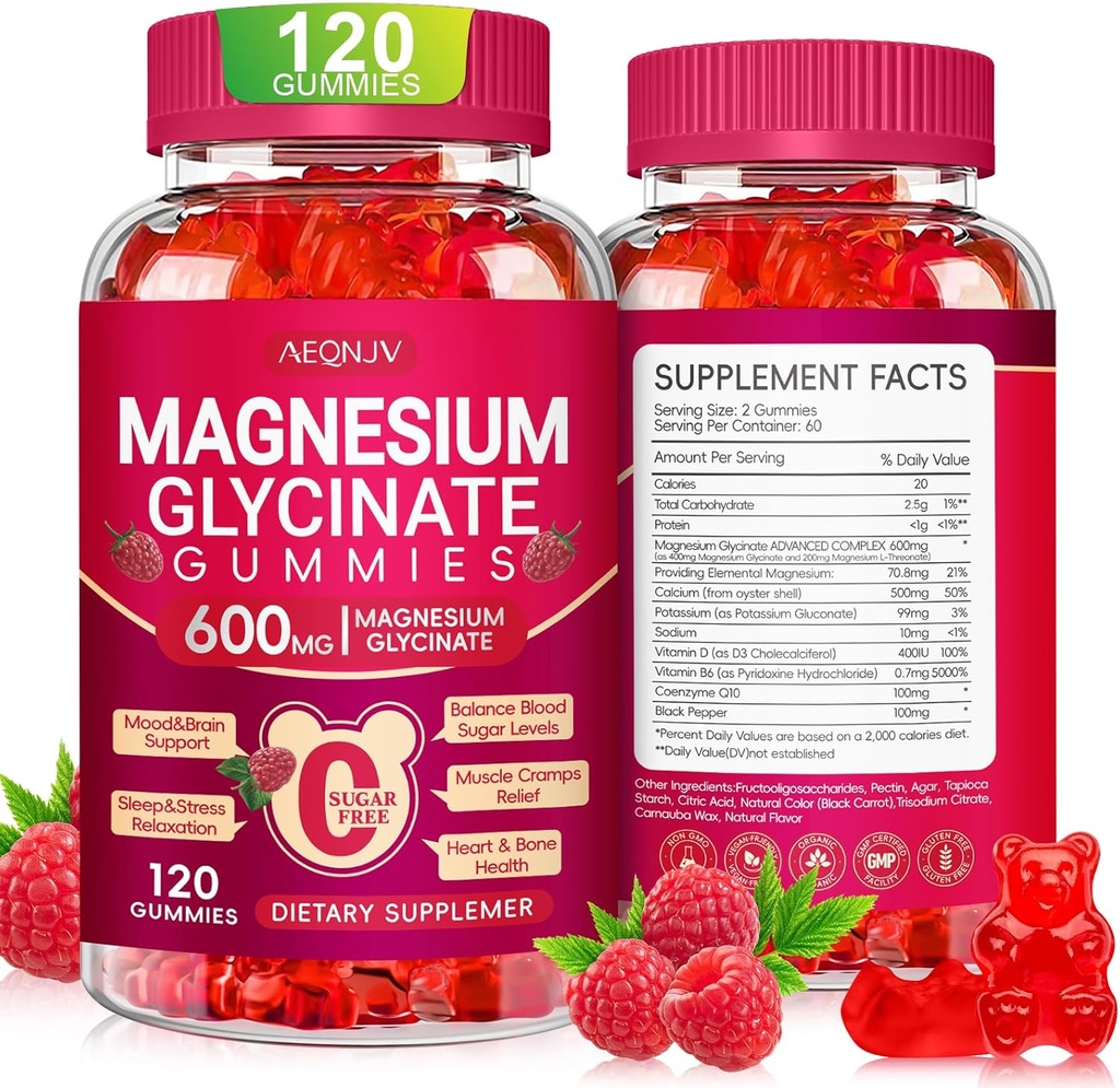 Magnesium Glycinat Gummies 600mg, Sugar Free Magnesium Gummies for Voksne med L- Threonate, Chewable Kalium Kosttilskud til Body Support, Søvn og Afslapning, 120 Tæl