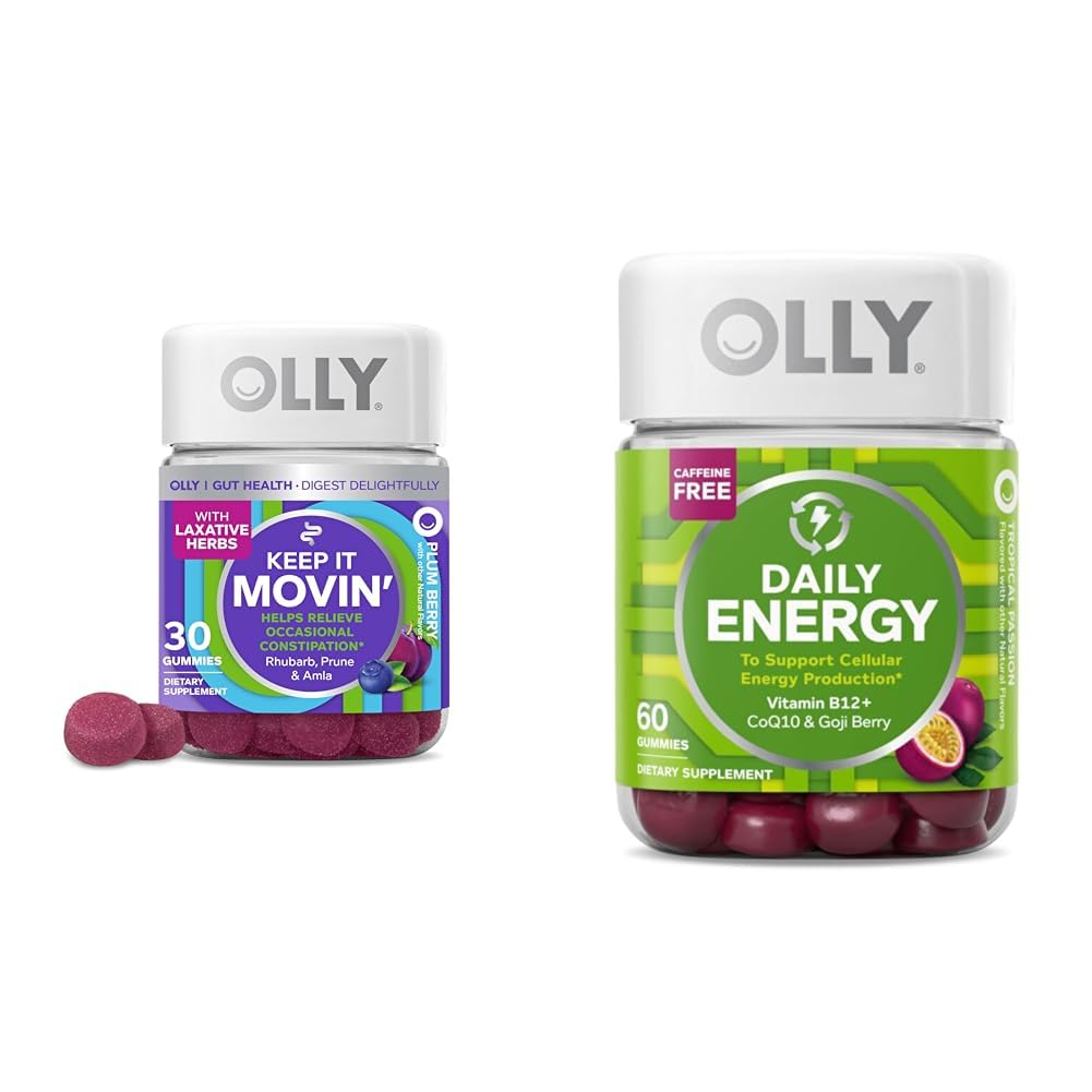 OLLY Constipation Relief 30ct, Energy Gummy 60ct - Rabarber Prunes Amla Berry, B12 CoQ10 Goji Tropical