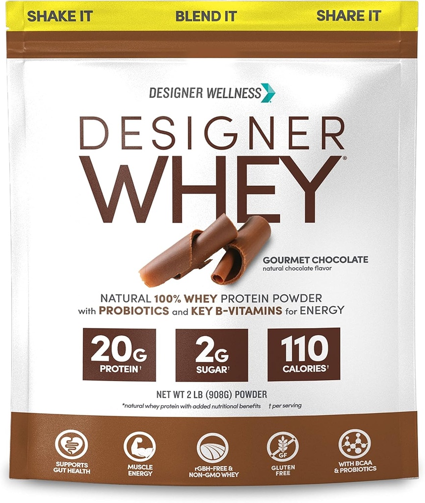 Designer Wellness, Designer Whey, Natural Whey Protein Powder med Probiotika, Fiber, og Key B- Vitaminer til energi, Gluten- fri, Gourmet Chokolade, 2 LB