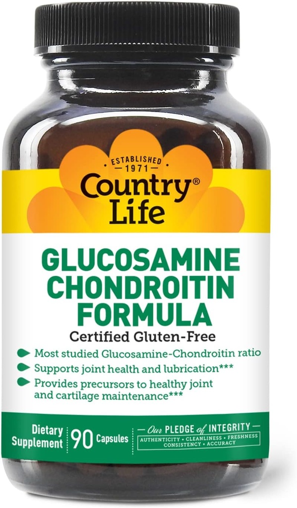 Country Life Glucosamine Chondroitin 1500mg / 1200mg - Understøtter fælles sundhed og smøring - vedligeholder sund brusk, Tendon, fælles vævstyper - Gluten fri, ikke-GMO - 90 kapsler - for voksne