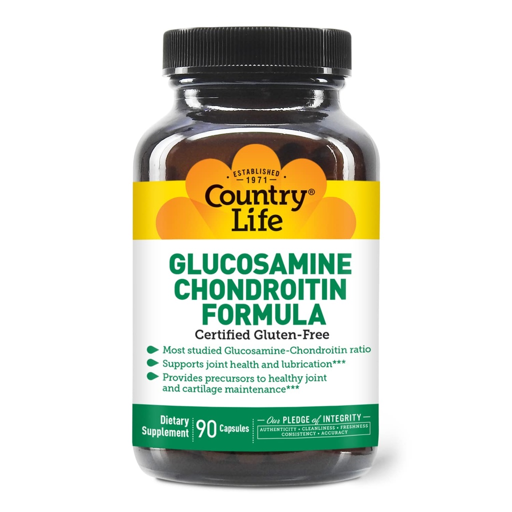 Country Life Glucosamine Chondroitin 1500mg / 1200mg - Understøtter fælles sundhed og smøring - vedligeholder sund brusk, Tendon, fælles vævstyper - Gluten fri, ikke-GMO - 90 kapsler - for voksne