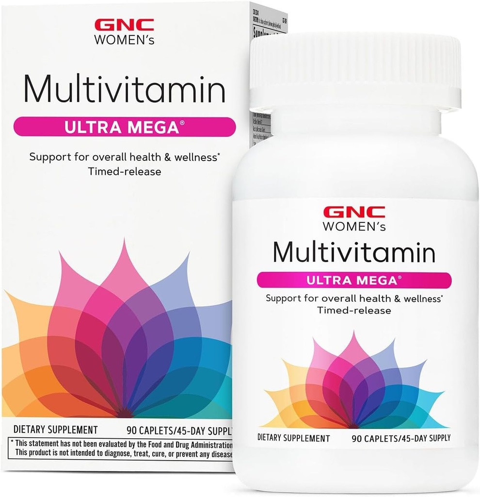 GNC Kvinder Ultra Mega Multivitamin Caplets, Klinisk bevist at føle sig bedre, Immunstøtte, Vitamin A, B, C, D, Jern, Biotin, Skønhed, Gluten Free, Timet Release, 90 ct, 45 svgs