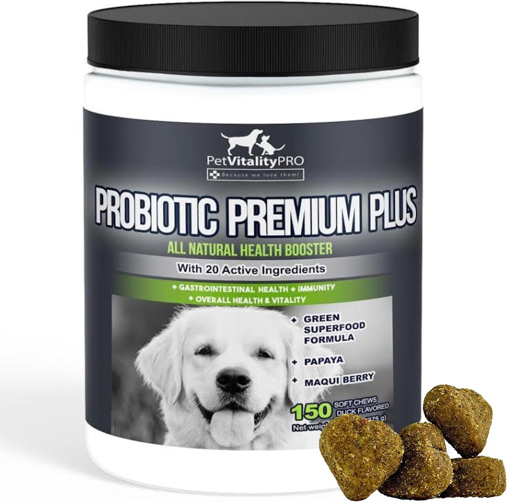 Probiotika til hunde med naturlige fordøjelsesenzymer ● 4 Bill CFU 'er / 2 Soft Chews ● Hund Diarré Upset Mave Gær Gær Gas Dårlig ånde Immunitet Allergier Hud klø Hot Spots ● 150 Tæl