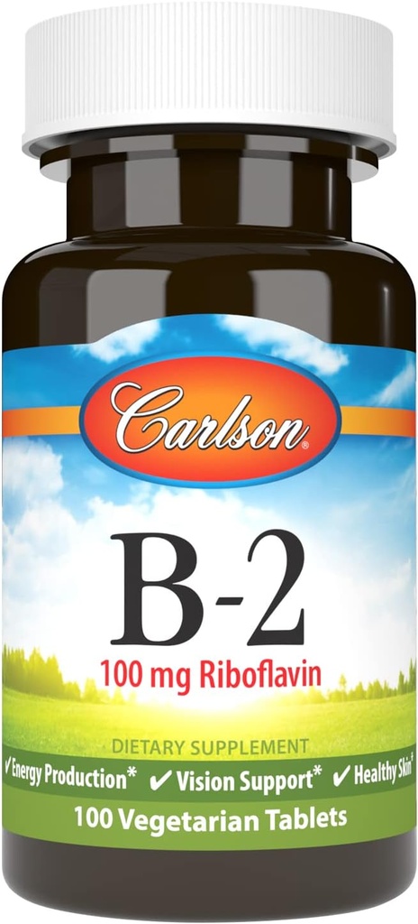 Carlson - B-2, 100 mg Riboflavin, Energiproduktion, Vision Support & Sund Hud, 100 Vegetariske tabletter