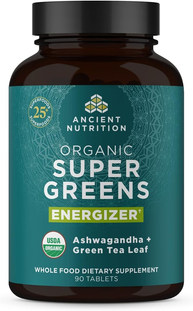 Ancient Nutrition Supergreens Energizer Tablets, Organic Superfood Tablets with Coffein, Lavet af Real Fruits, Grøntsager og urter, til fordøjelses- og energistøtte, 90 Greve