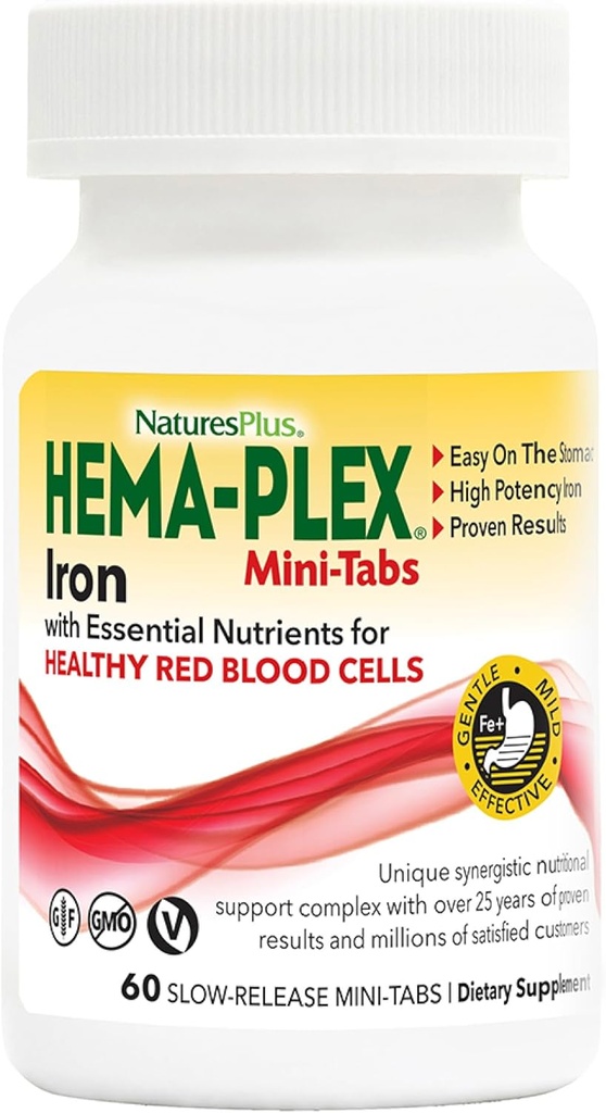 NaturesPlus Hæma- Plex Iron - 60 Blow-Release Mini- Tabs - 2 Pack - 85 mg Chelated Iron - Total Blood Health - med C-vitamin & Bioflavonoider - Vegan, Gluten Free - 60 Total Servering