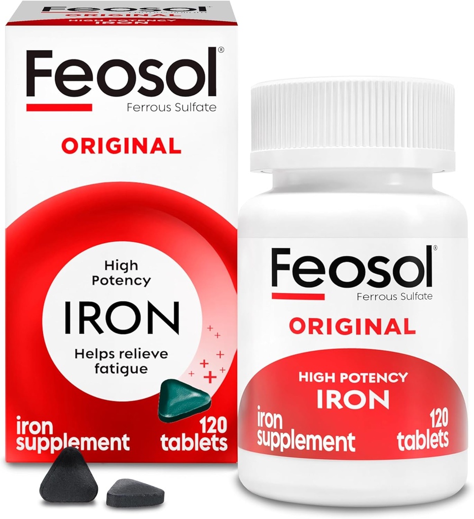 Feosol Original jerntilskud Tablets, non-heme, 325mg Ferrosulfate (65mg Elemental Jern) per Iron Pill, 1 Per dag, 120ct, 4 Måned Supply, for Energy and immun System Support, Made in USA