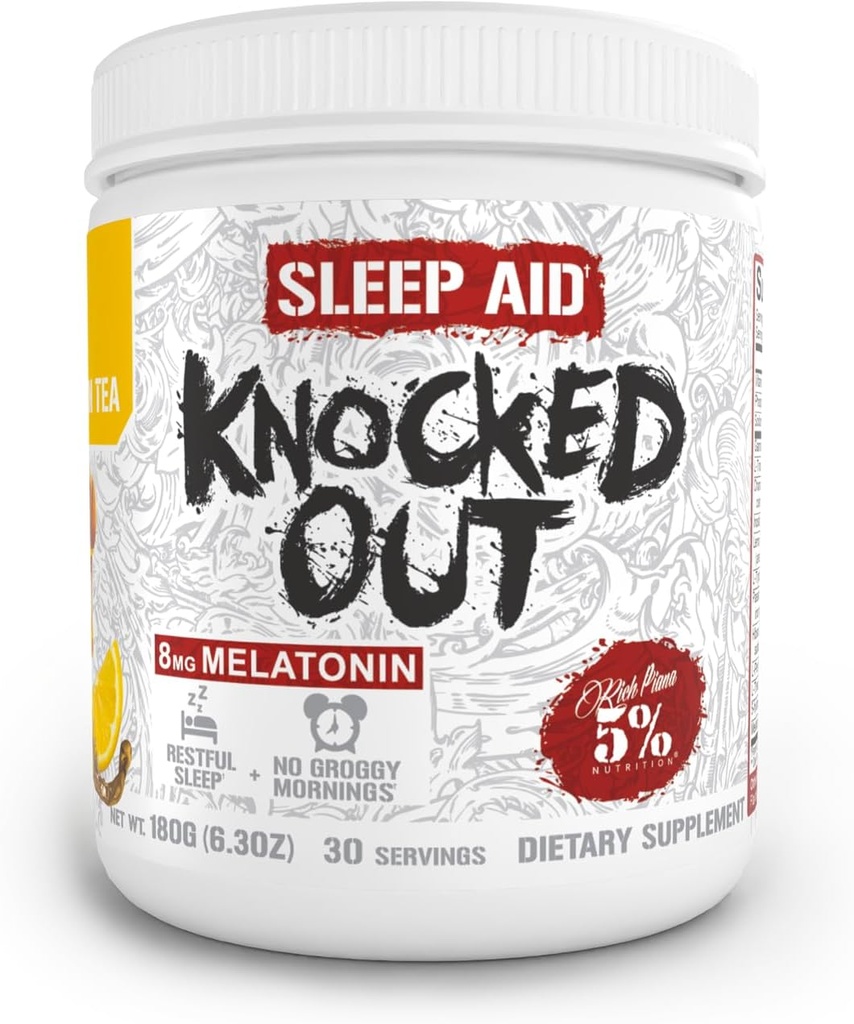 5% Nutrition Rich Piana Knocked Out Natural Sleep Aid Powder # 124; Post- Workout Recovery & Deep Sleep Supplement # 124; GABA, Melatonin, Kamille, Tyrosin, 5-HTP, & Mere # 124; 30 Servere (Honning Lemon Tea)