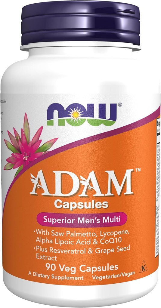 Now Foods Supplements, ADAM ™ Mænds Multivitamin med Saw Palmetto, Lycopene, Alpha Lipoic Acid og CoQ10, Plus Natural Resveratrol & Grape Seed Extract, 90 Veg Kapsler