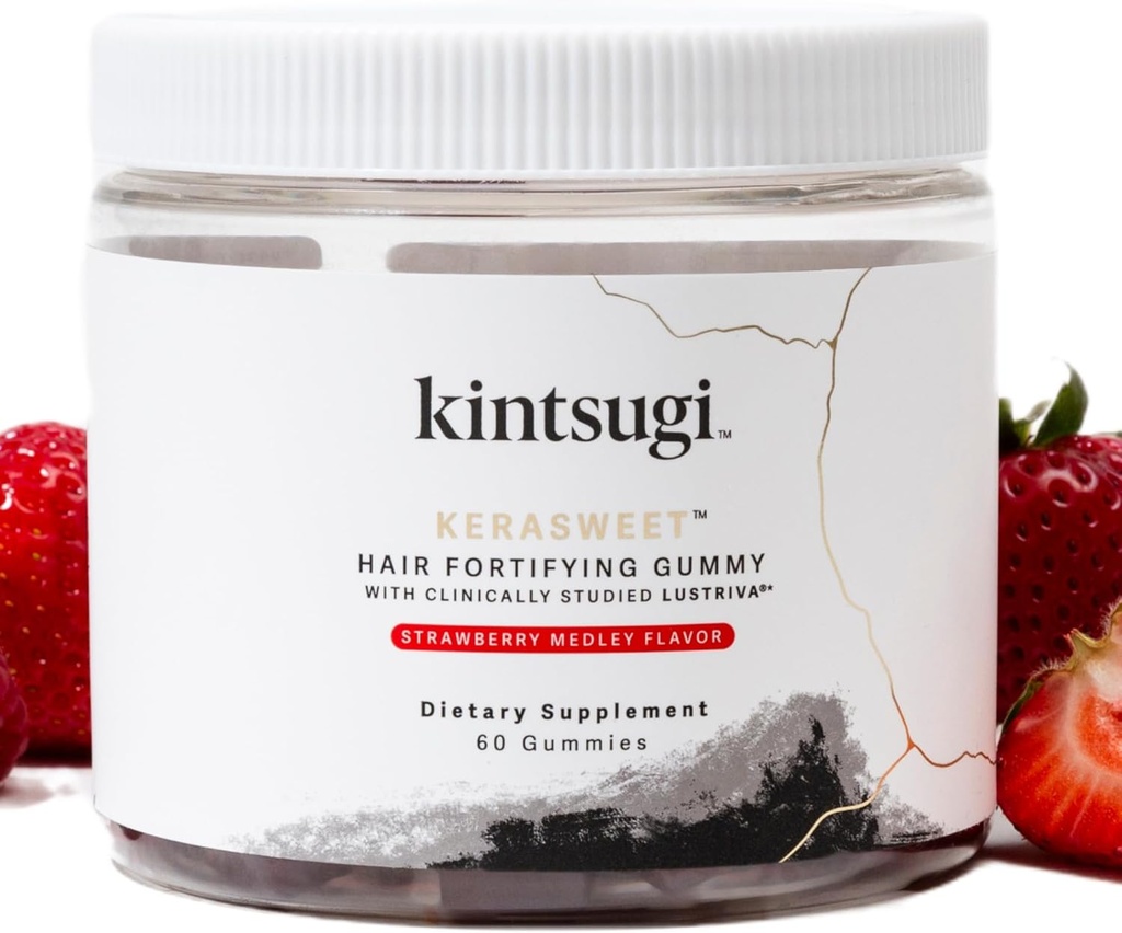 Kintsugi KeraSweet Hår Fortifying Gummy- Hjælp Combat Tegn på ældning hår, supplement til stærke, voluminøse Strands - Understøtter sund, Fuller udseende hår w / B12, Saw Palmetto, ACV (Jordbær, 60ct)