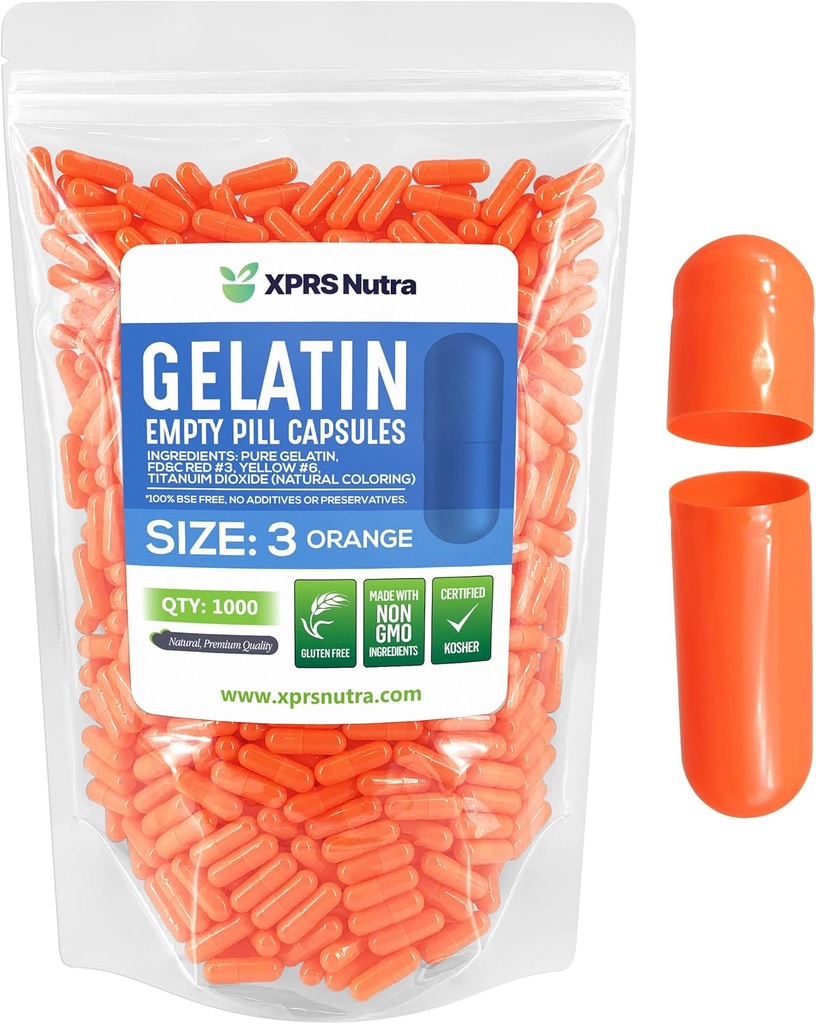 XPRS Nutra Størrelse 3 Tomme kapsler - 1000 Tomme Gelatine kapsler - Piller selv Kapselfyld - Pure Bovin Pill Gel Caps Fyldelig til Do- It- Yourself Vitaminer og kosttilskud (Orange)