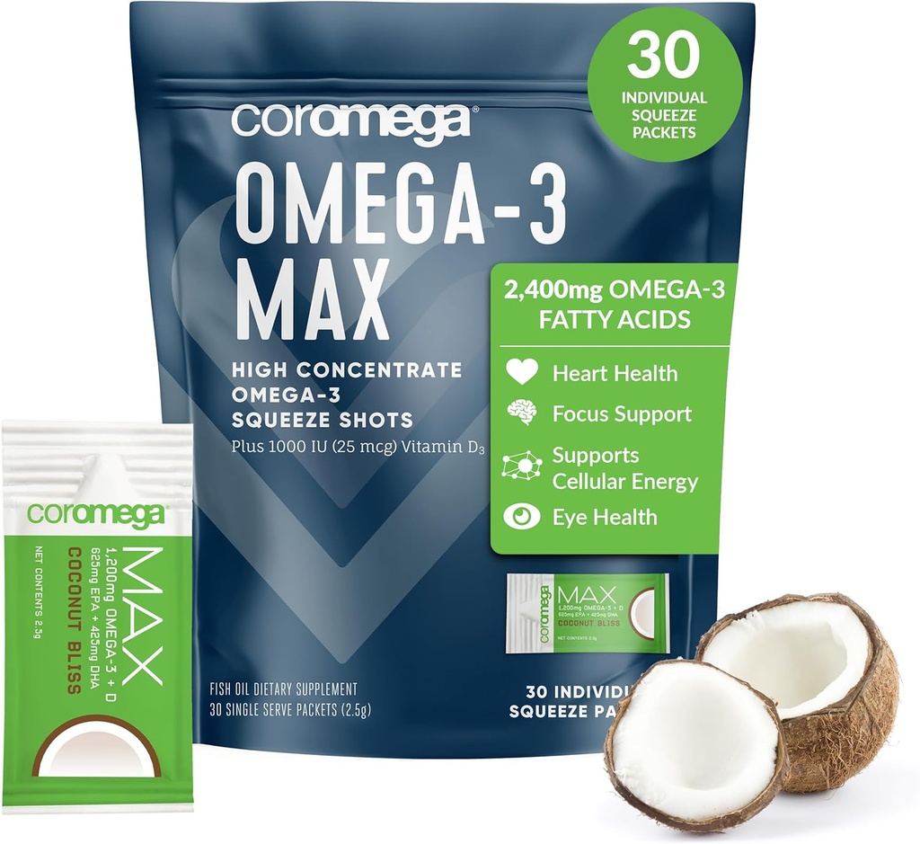 Coromega MAX 2400mg Omega-3 Fish Oil + Vitamin D Squeeze Packets, Wild-Caught, No Fishy Taste - 3X Better Absorption Than Softgels, Supports Brain & Heart Health (30 Servings, Coconut Bliss)