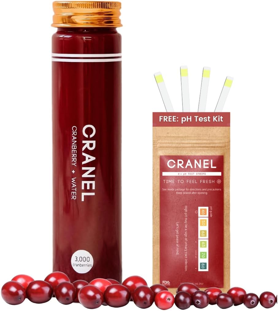 CRANEL Fast- Actioning Cranberry Formel - Urinary Tract & Gut Support - (1 uge Tilgang) + Gratis pH-test Kit Budd124; 3.000 Tranebær, Ingen Sukker, Vegan, Klinisk Proven