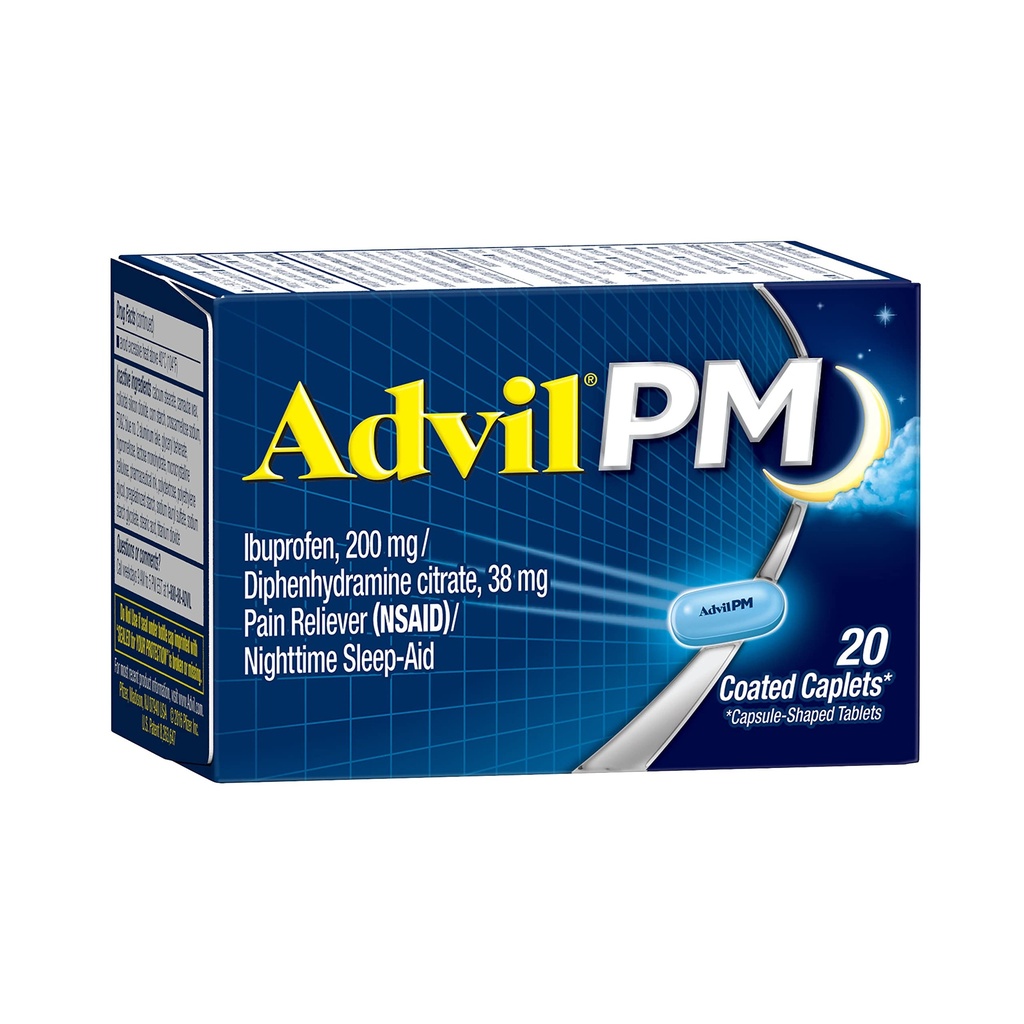 Advil PM (20 Greve) Smerte Reliever / Nighttime Sleep Aid Coated Caplet, 200mg Ibuprofen, 38mg Diphenhydramin