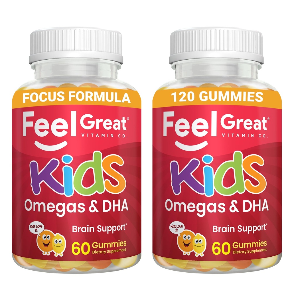 Føl store vitaminer Kids DHA Gummier med Omega 3 6 9, C-vitamin (2- Pack) - 124; Understøtter sund hjerne funktion, Vision & Heart Health - 124; Gluten Free, Vegetar - 124; 60 Gummies