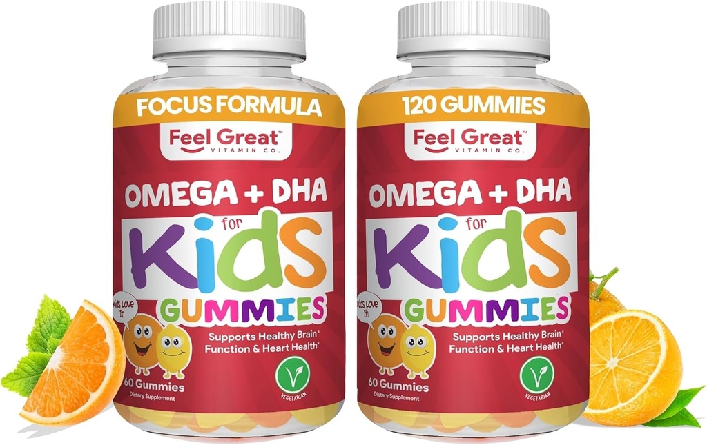Føl store vitaminer Kids DHA Gummier med Omega 3 6 9, C-vitamin (2- Pack) - 124; Understøtter sund hjerne funktion, Vision & Heart Health - 124; Gluten Free, Vegetar - 124; 60 Gummies