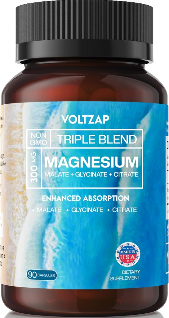 Magnesiumglycinat Triple Complex - Magnesiumcitrat Magnesiummalat - Magnesiumtillæg for nerver og energi - Magnesium 300mg Magnesiumkapsler 90 Counts