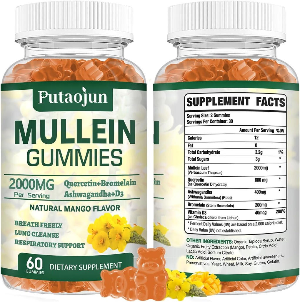 Mullein Gummies for Lung Cleanse against 124; Organic Immunoid Support against 124; 2000mg Respiratory Health Gummies against 124; Mango Flavor, Non- Sticky against 124; Lung Health, Sinus Relief against 124; Mullein Leaf Extract
