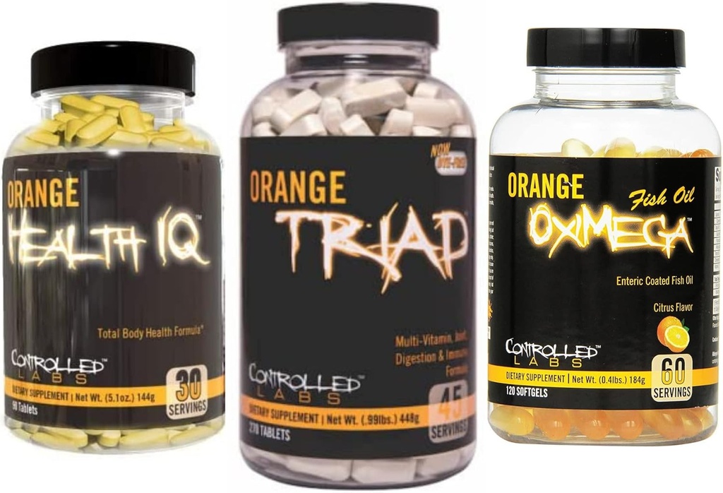 CONTROLLED LABS Total Health Bundle, 45 Servering Orange Triad, 90 Grev Orange Health IQ, 120 Grev Orange Oximega Fish Oil, muskeltræning og inddrivelse supplement til mænd og kvinder
