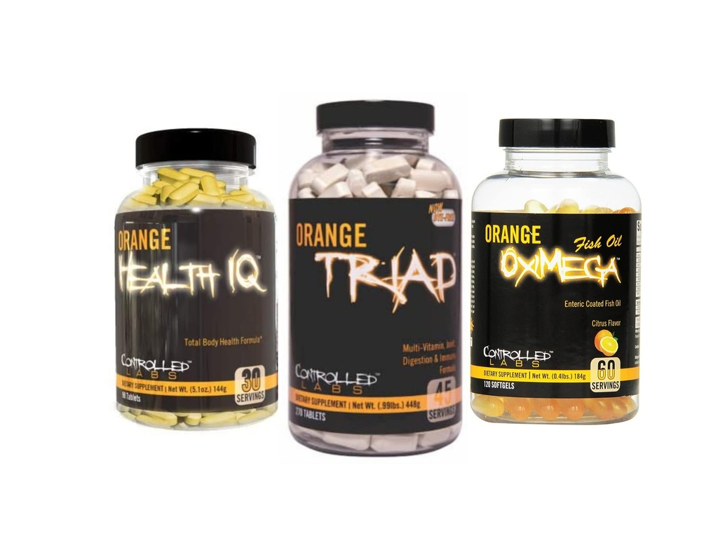 CONTROLLED LABS Total Health Bundle, 45 Servering Orange Triad, 90 Grev Orange Health IQ, 120 Grev Orange Oximega Fish Oil, muskeltræning og inddrivelse supplement til mænd og kvinder