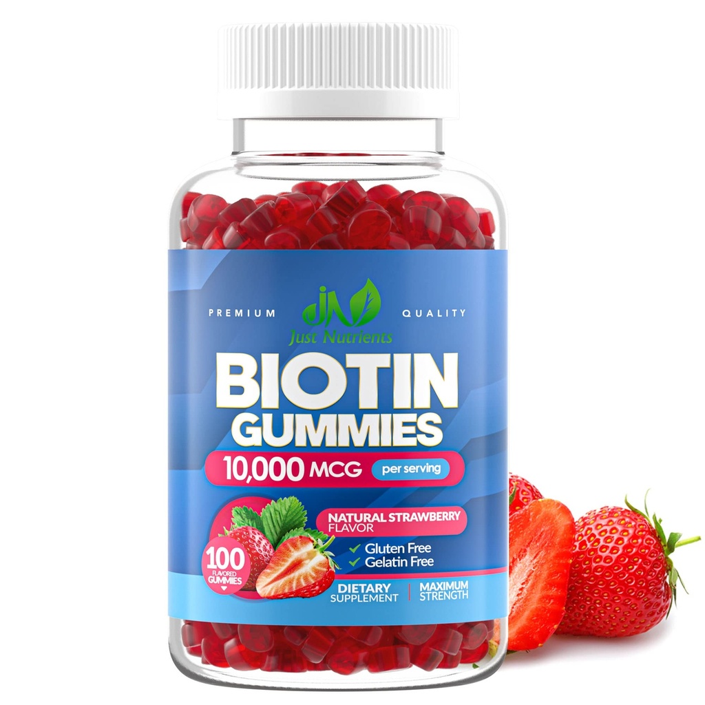Biotin 10,000mcg gummier for kvinder & mænd (100 Greve) - 2x maksimal styrke Biotin for hårvækst, hud & negle - Glutenfri, Vegan, Non- GMO, Great Tasting Strawberry Flavor - 100 Gummies