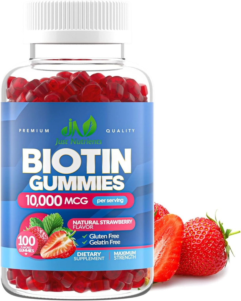 Biotin 10,000mcg gummier for kvinder & mænd (100 Greve) - 2x maksimal styrke Biotin for hårvækst, hud & negle - Glutenfri, Vegan, Non- GMO, Great Tasting Strawberry Flavor - 100 Gummies