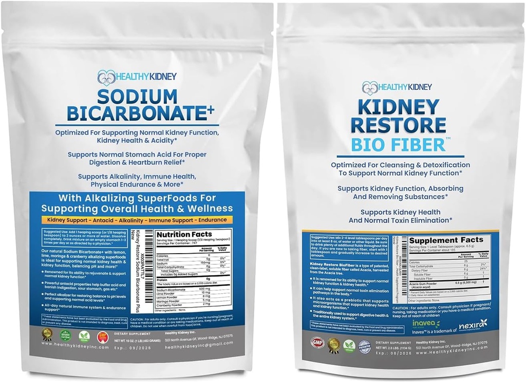 Økologisk natrium Bicarbonat Alkaline Supplement 2LB & Bio Fiber Nyre Cleanse Detox 2.5 LBS Bundle - Understøtter Nyre Sundhed, Mavesyre Neutralizer, Alkaline Superfoods, Immunstøtte Detox & Affald
