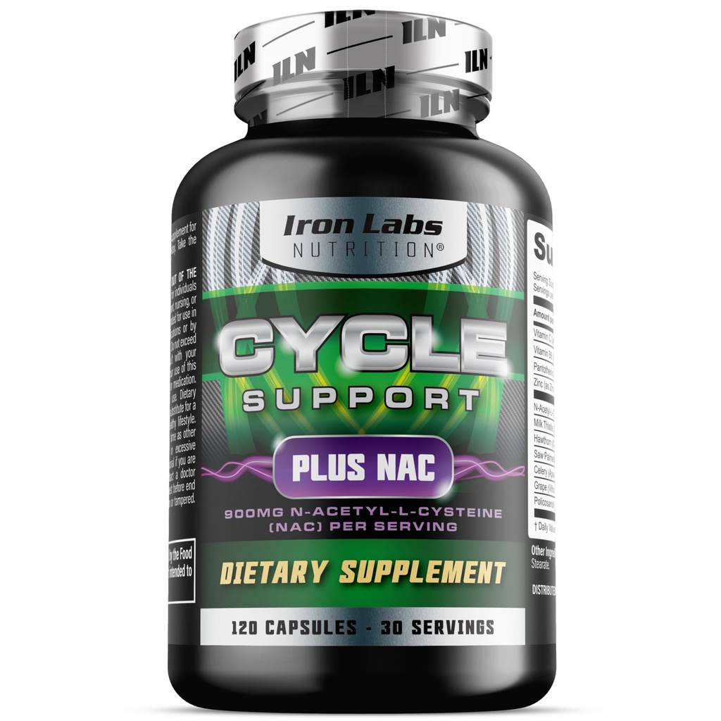 Iron Labs Nutrition: Cycle Support Plus NAC (N-Acetyl-L-Cystein) - Nyre og Lever Support - On Cycle Support Support for Mænd - N Acetyl L Cystein og Mælk tidsel (120 Kapsler)