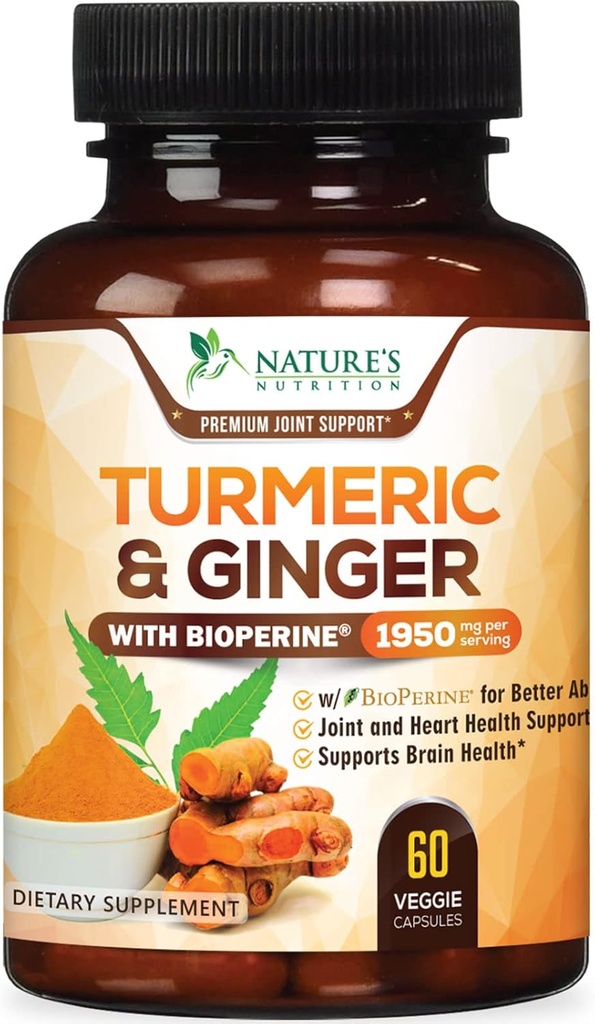 Gurkemeje Supplement 1950mg - 95% Curcuminoider med økologisk gurkemeje & Ginger, BioPerine Black Pepper til bedste absorption, Nature 's Vegan fælles støtte, Non- GMO, Flasket i USA - 60 kapsler
