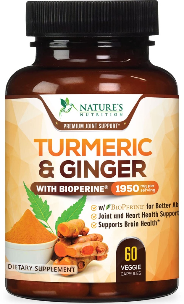 Gurkemeje Supplement 1950mg - 95% Curcuminoider med økologisk gurkemeje & Ginger, BioPerine Black Pepper til bedste absorption, Nature 's Vegan fælles støtte, Non- GMO, Flasket i USA - 60 kapsler