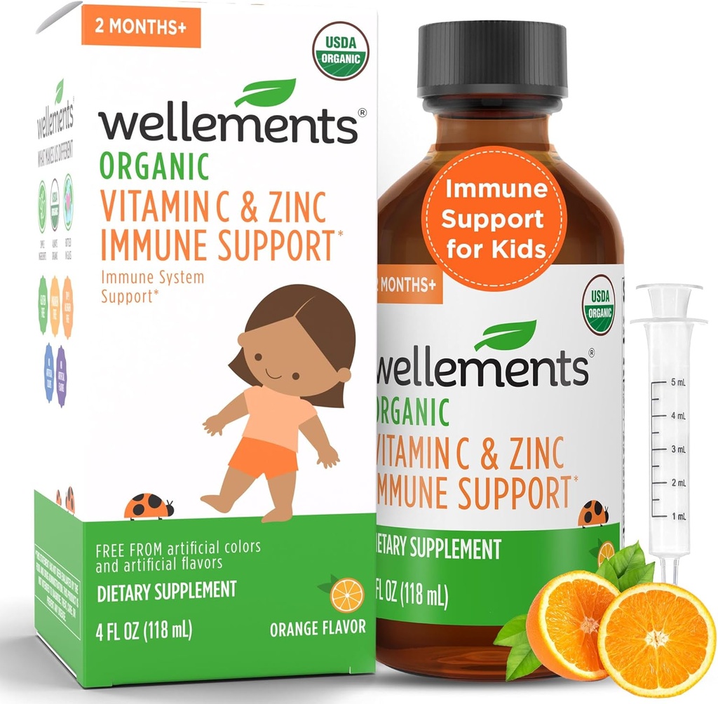 Wellows Organic Vitamin C & Zink immunforsvar * supplement til børn 2 måneder + Note 124; USDA Organic, fri for farvestoffer, Paragons & Top 9 mest almindelige allergener, Orange Flavor, (4 Fl Oz)