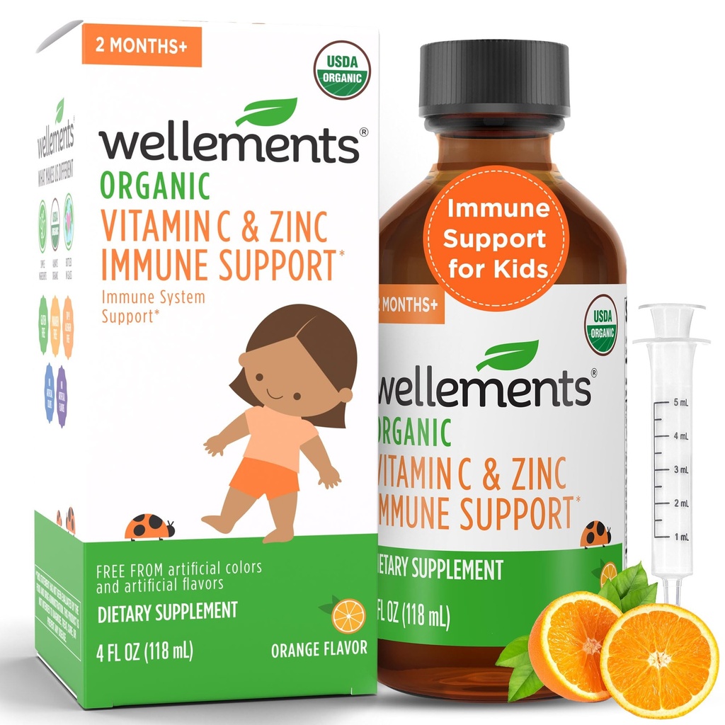 Wellows Organic Vitamin C & Zink immunforsvar * supplement til børn 2 måneder + Note 124; USDA Organic, fri for farvestoffer, Paragons & Top 9 mest almindelige allergener, Orange Flavor, (4 Fl Oz)