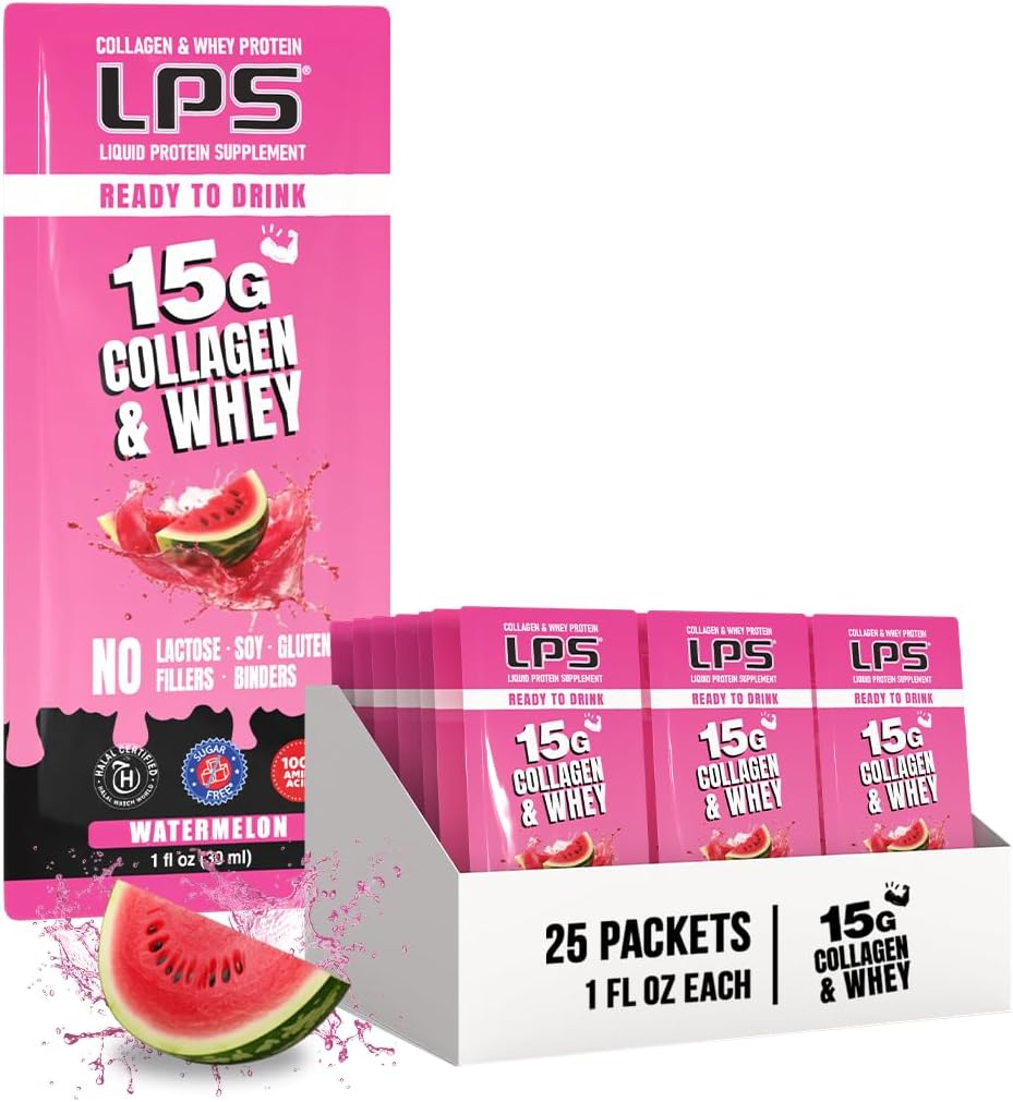 LPS Flydende Collagen & Whey Protein Supplement - Non- GMO drik, sukkerfri - fremmer sund hud & hår til mænd og kvinder, Watermelon, Single Serve (50 pakker)