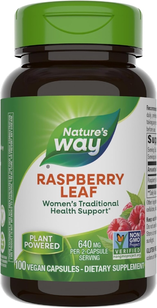 Nature 's Way Raspberry Leaf, Traditional Support for Women' s Health *, 640 mg per 2-Capsule Serving, Vegan, Non- GMO projekt Verified, 100 kapsler (Packaging May Vary)