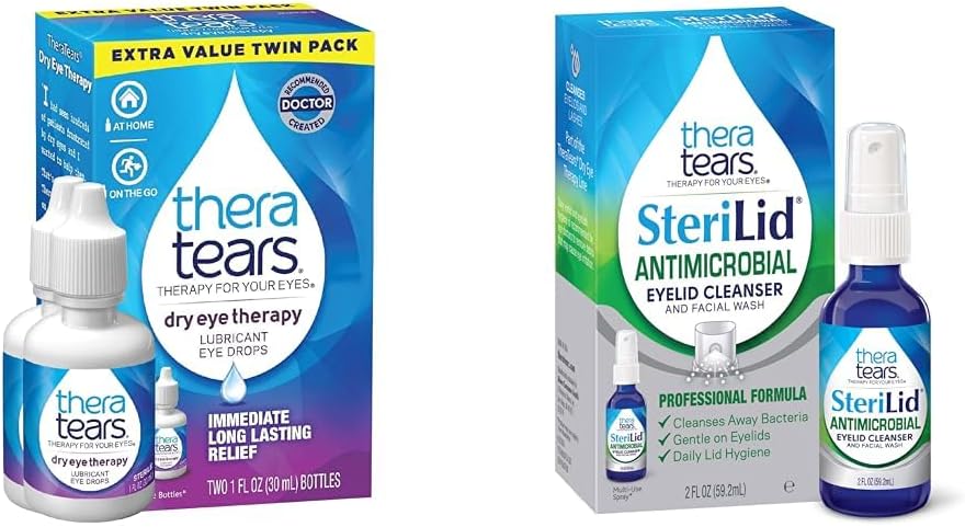TheraTears Tør Øjenterapi Smøremiddel øjendråber til tørre øjne, 1 fl oz flaske Twin Pack & SteriLid Eyelid Cleaner og Ansigtsvask, for Irriterede Øjne, 2 fl oz Spray