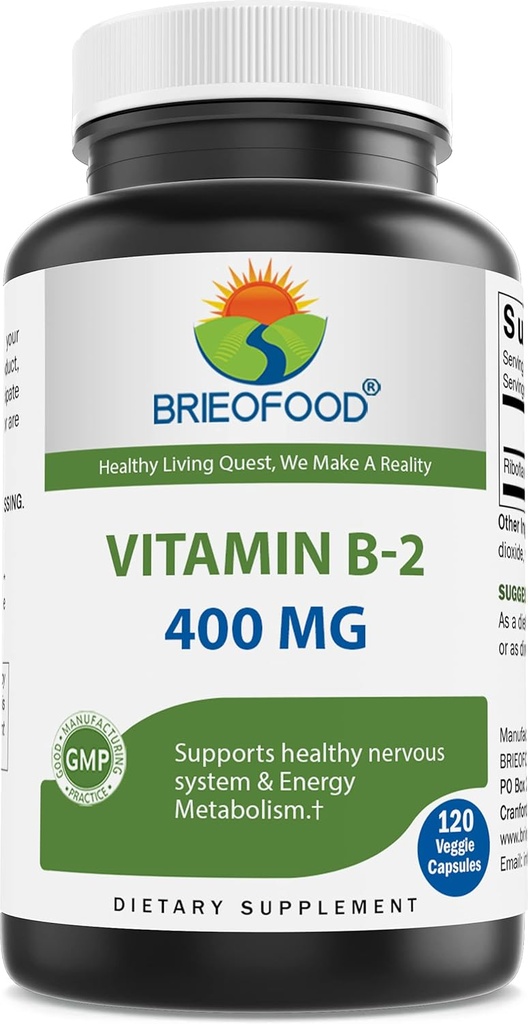 Brieofood vitamin B2 (Riboflavin) 400mg, 120 Veggie kapsler - Gluten Free, Non- GMO