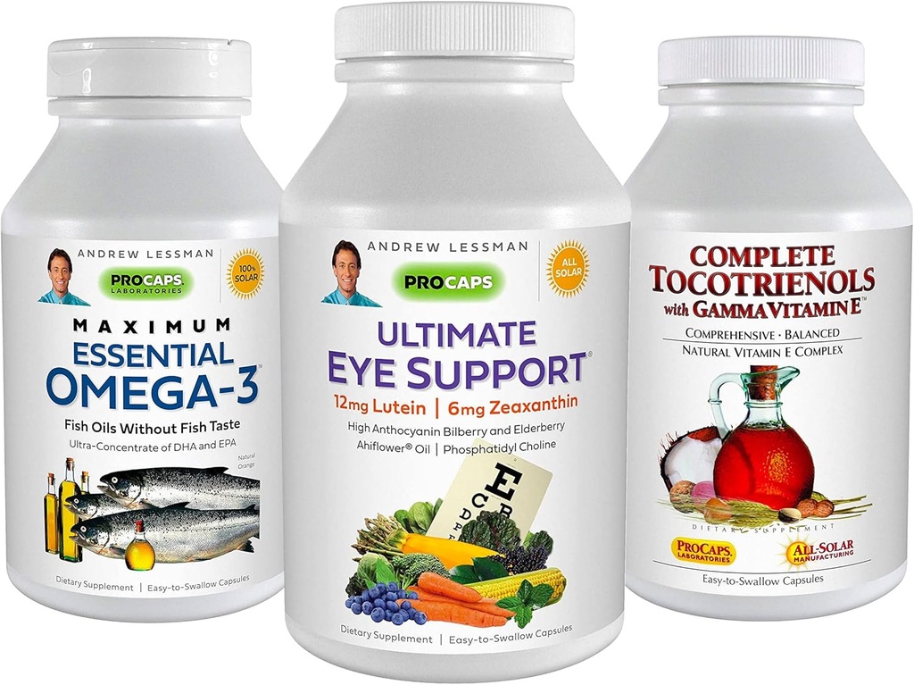 ANDREW LESSMAN 3 Produkt Eye Health Bundle - 360 Softgels Hver af Ultimate Eye Support, Maksimum Essential Omega-3 og Complete Tocotrienols. Fremmer og støtter øje sundhed.