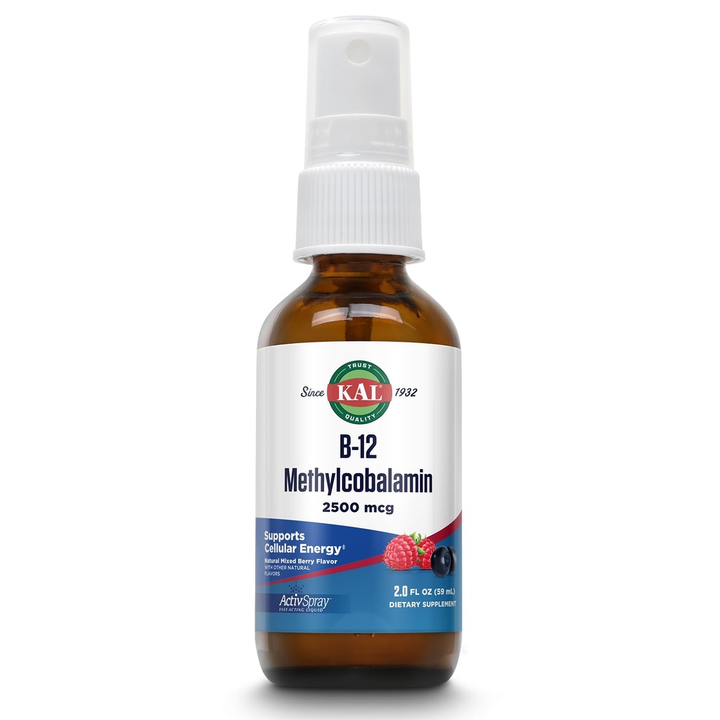 KAL Vitamin B12 Methylcobalamin ActivSpray 2500mcg, sund energi, Metabolisme, Nerve & Red Blood Cell Support, * Fast- Fungerende Væske B12, Maksimal Absorption, Natural Berry Flavor, 80 Servering, 2 fl oz