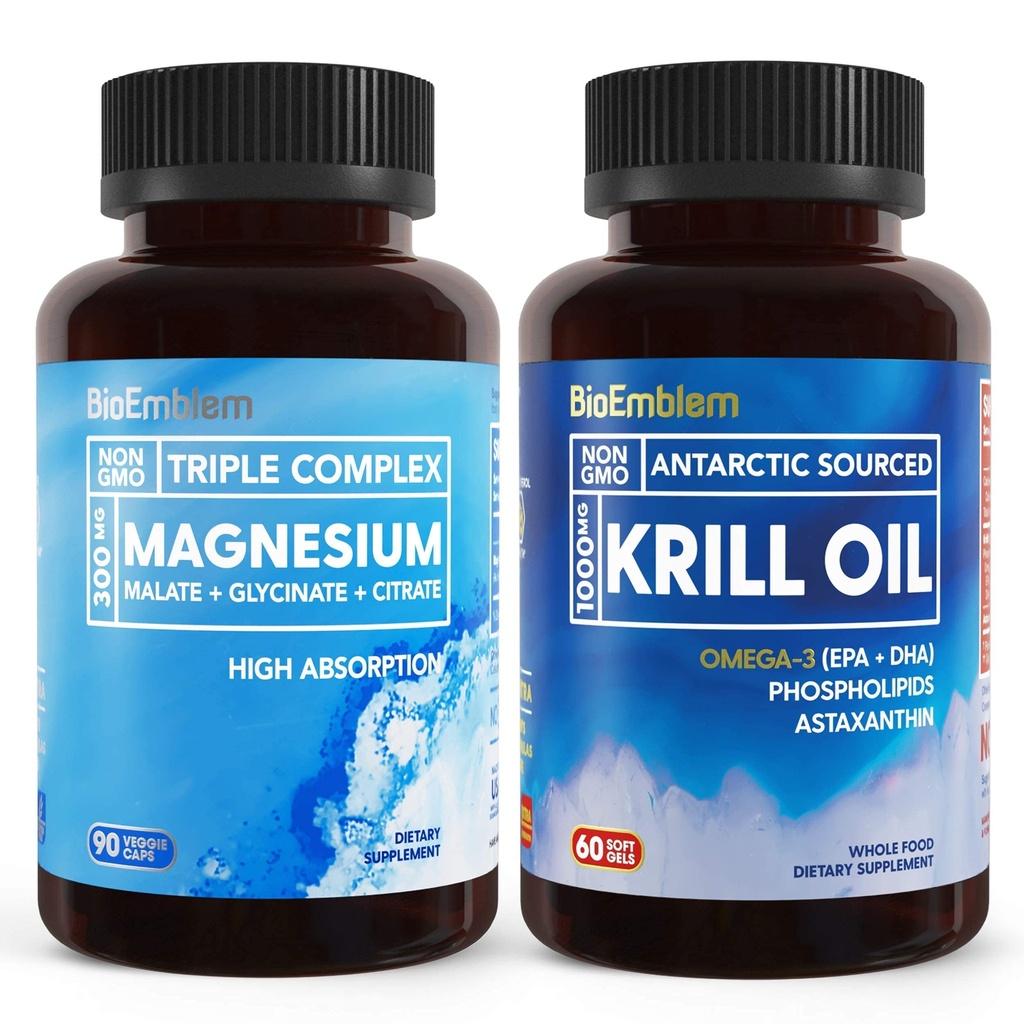 Bioemblem Triple Magnesium Complex og antarktisk krill olie, understøtter søvn og hjerne sundhed, hjerte og fælles sundhed, fremmer kardiovaskulær sundhed, og støtter afspænding