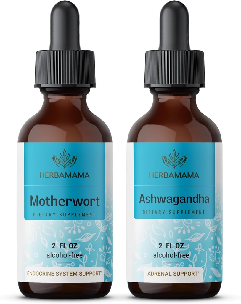 HERBAMAMA Herbal Liquid Drops Kit - Bundle of Motherwort Extract & Ashwagandha Tincture 2 fl oz - Vegan, Non-GMO, Sugar & Alcohol-Free - 2 Pack